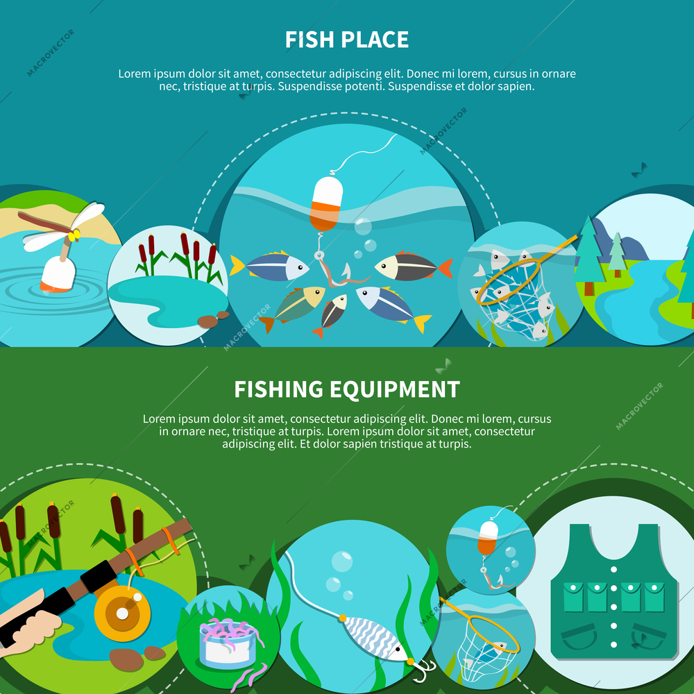 Fishing equipment banners set with doodle style circle images of fish net ledger hook and text vector illustration