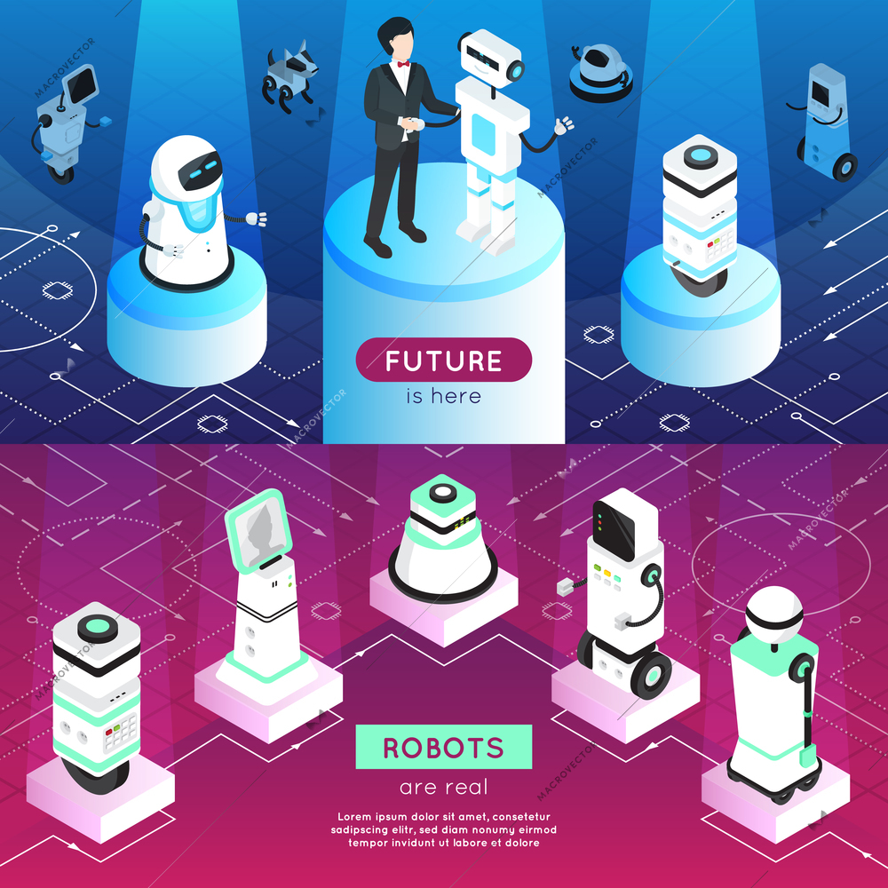 Robots horizontal isometric banners with man, high tech machines on pedestals in light rays isolated vector illustration