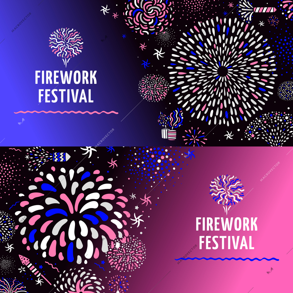 Festive firework radial spiral patterns with stars 2 colorful gradient background horizontal banners set isolated vector illustration