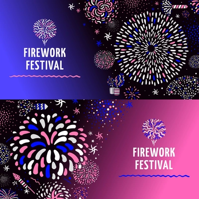 Festive firework radial spiral patterns with stars 2 colorful gradient background horizontal banners set isolated vector illustration