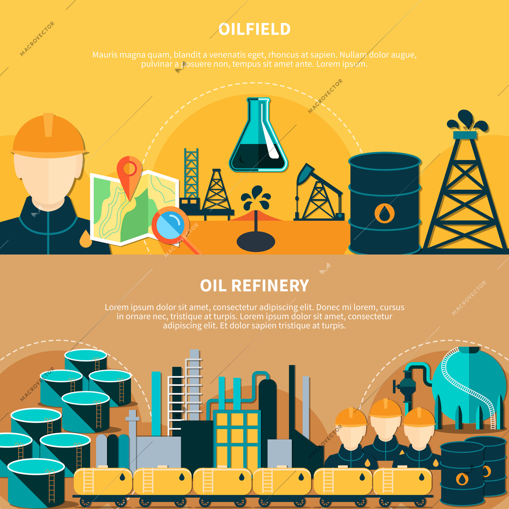 Oil industry banners set with flat images of oil derricks steel barrels transportation and refinery operations vector illustration