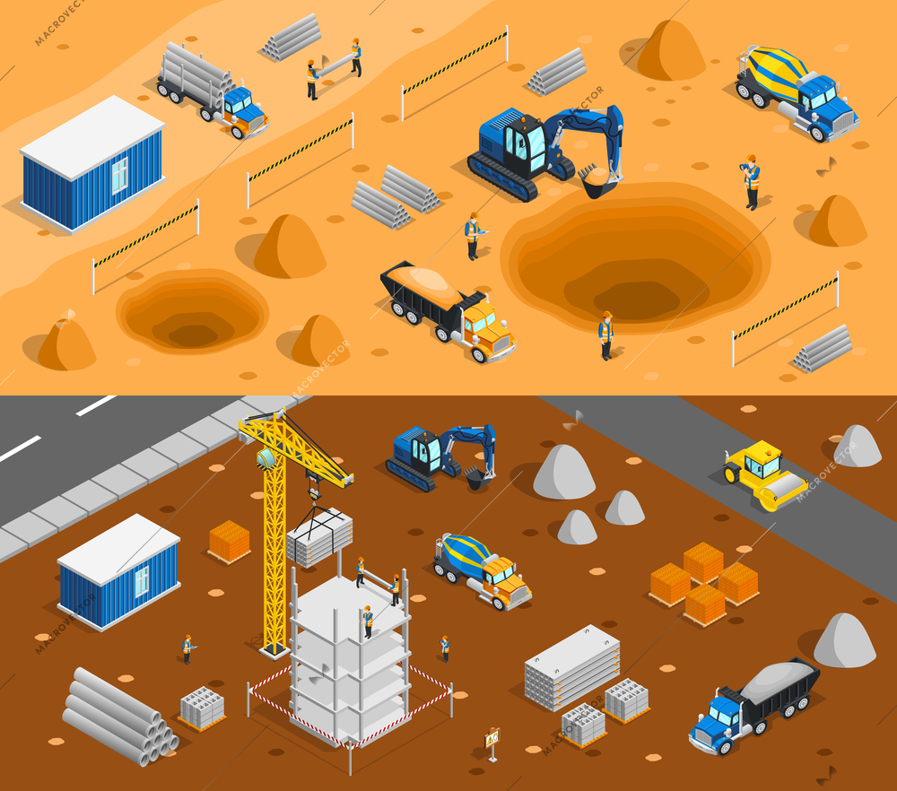 Construction set of two horizontal banners with isometric images of building yard constructional materials and machinery vector illustration