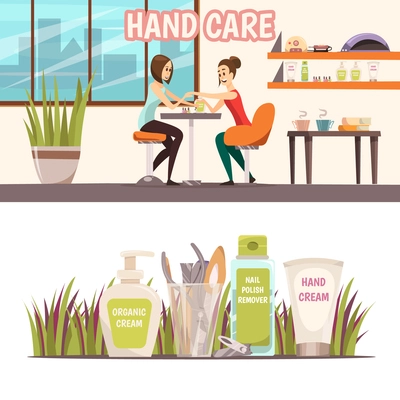 Manicure horizontal banners set with nail care symbols cartoon isolated vector illustration