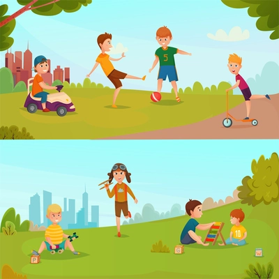 Colored carton kids banner set with children playing on the green grass in the company vector illustration