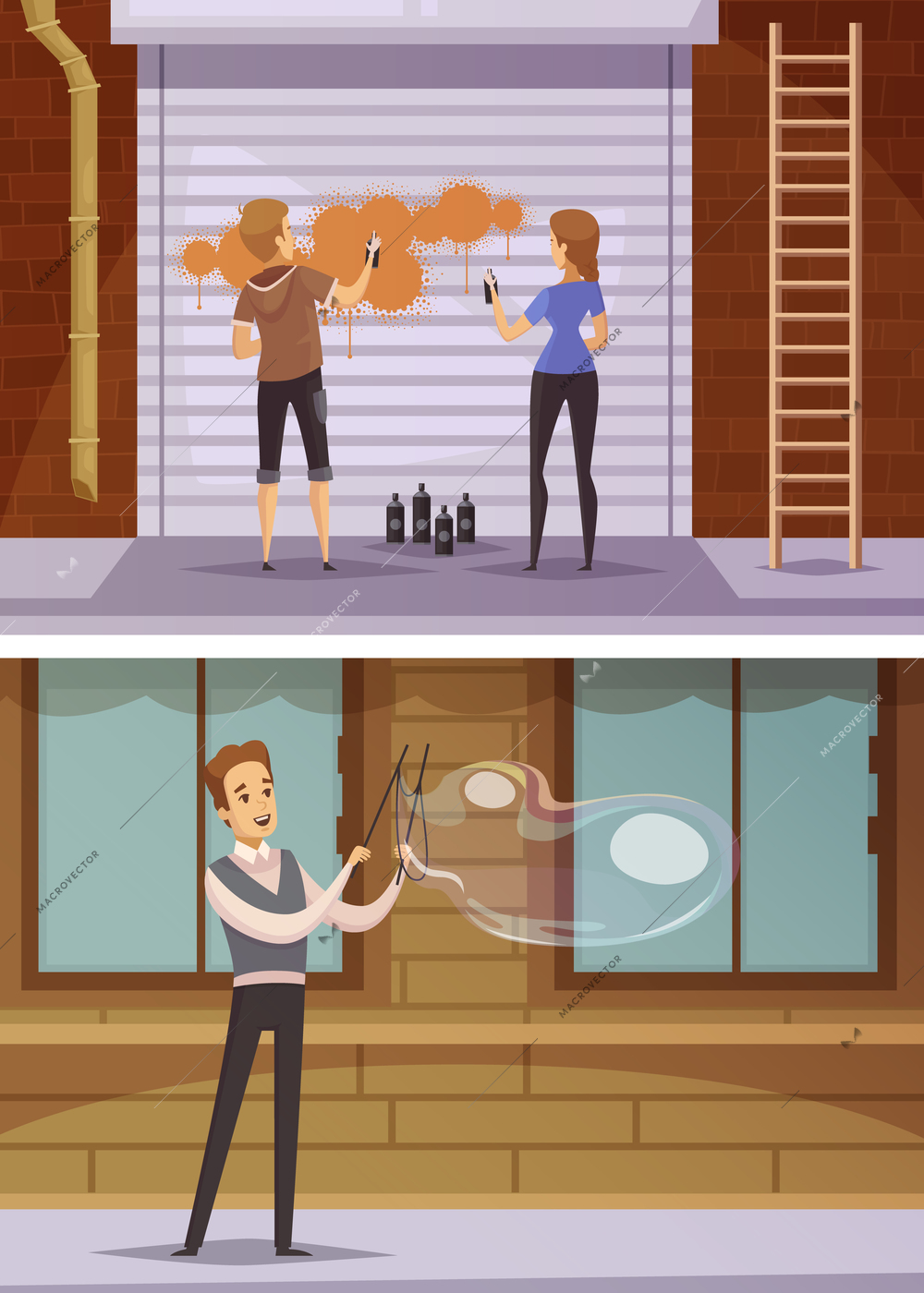 Street artists cartoon horizontal banners with girls spraying paint on blinds and young man blowing bubbles flat vector illustration