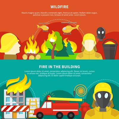 Colorful firefighting banners set with forest wildfire and burning building flat isolated vector illustration