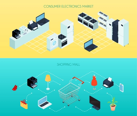 Shopping mall two horizontal banners with hand truck and household goods isometric icons vector illustration