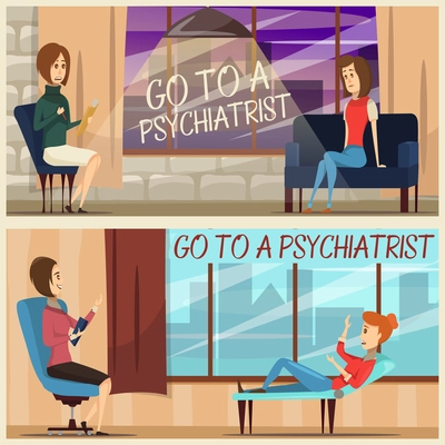 Horizontal flat banners with visit to psychiatrist including specialist and girl patient on couch isolated vector illustration