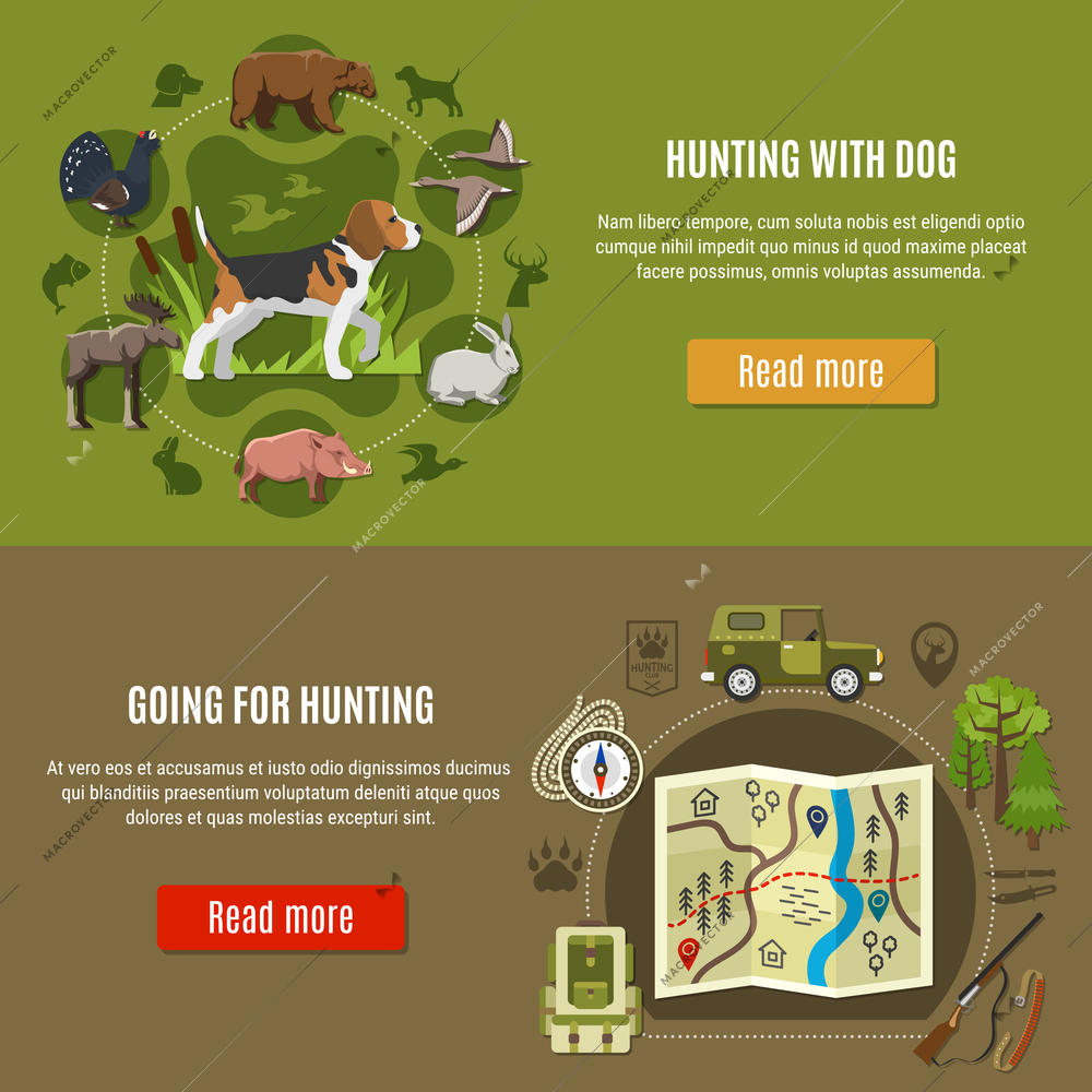 Hunting horizontal banners set with dog and hunting equipment symbols flat isolated vector illustration