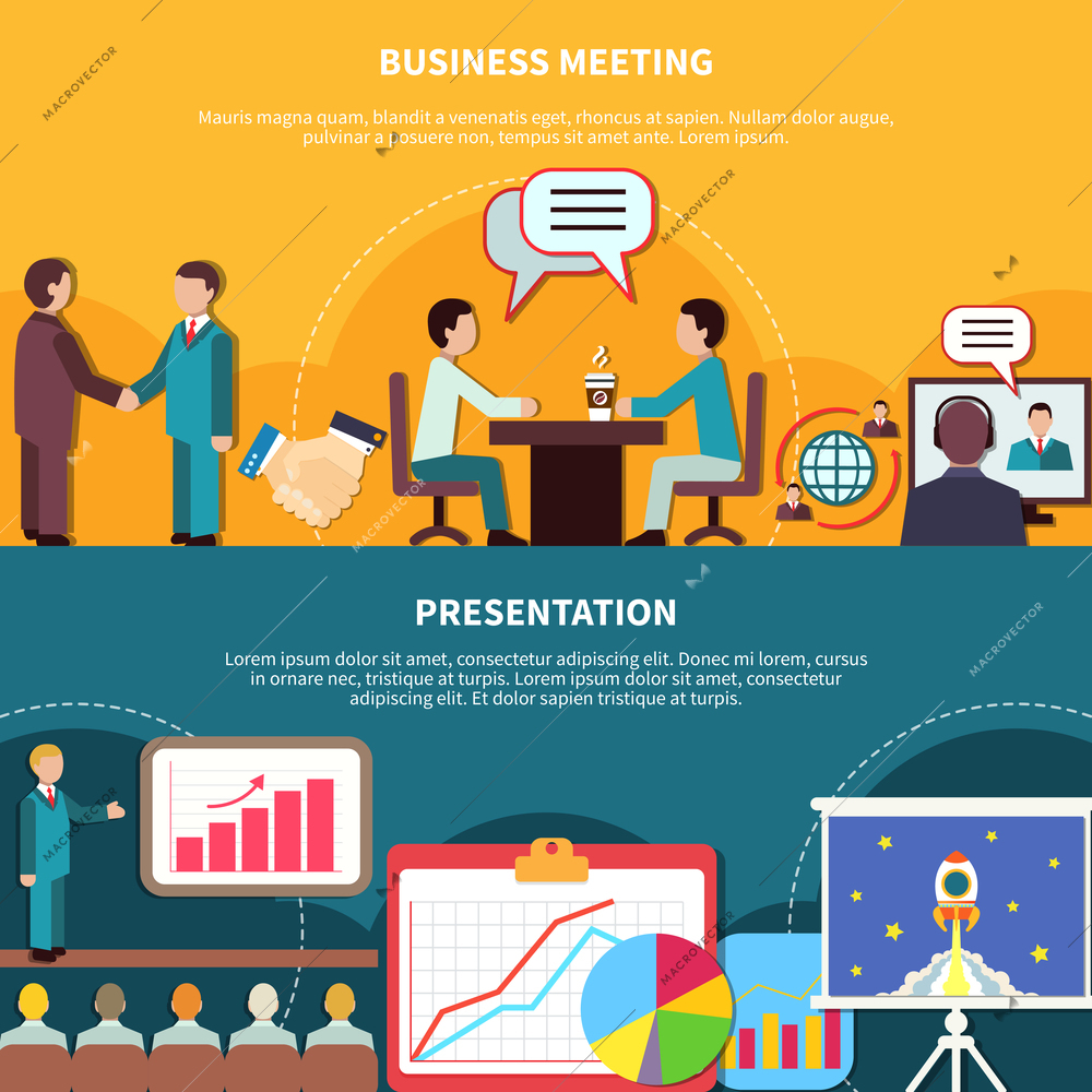 Set of two horizontal business banners with compositions of flat presentation meeting images with editable text vector illustration