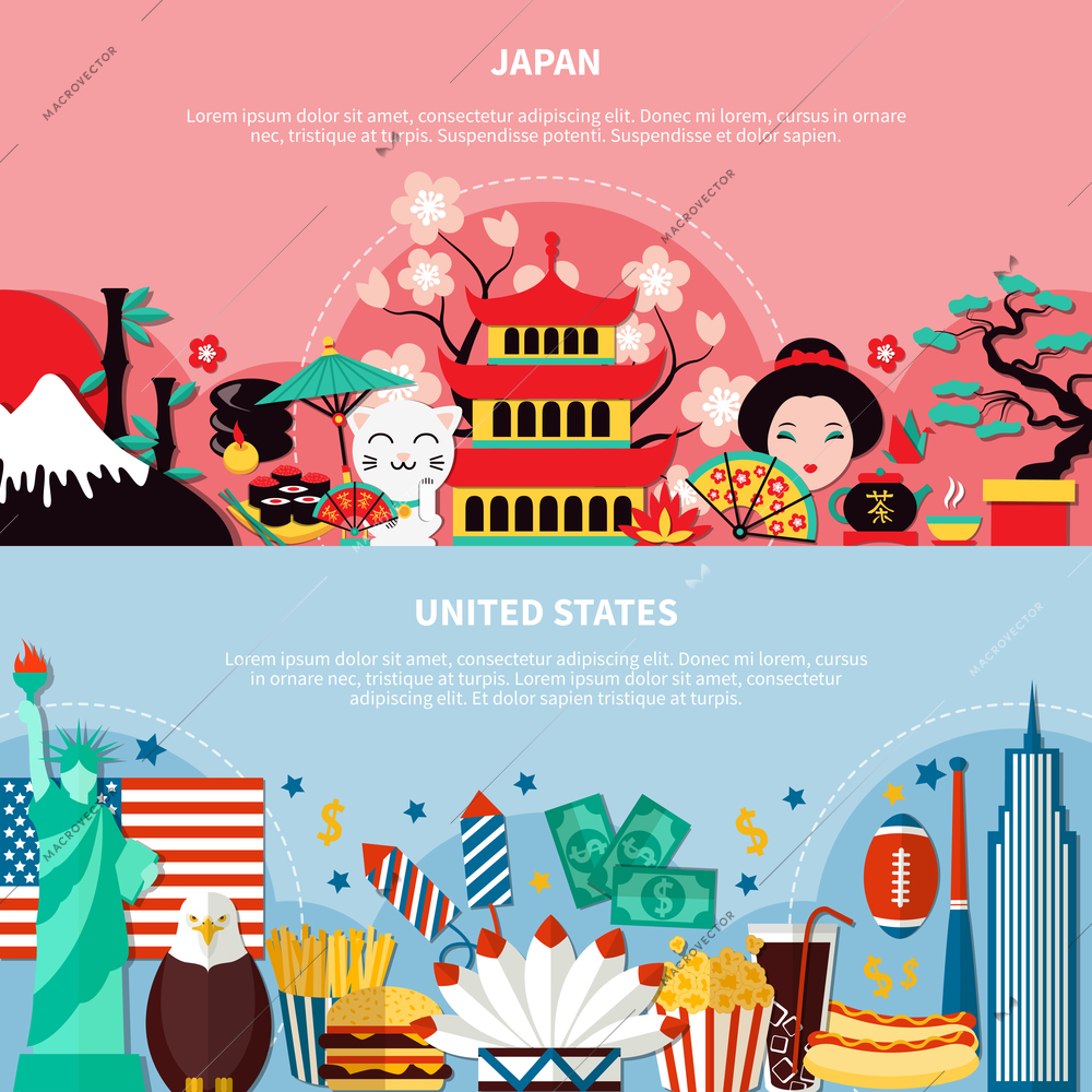 Japan and united states horizontal banners with national historic architecture and culture symbols flat vector illustration