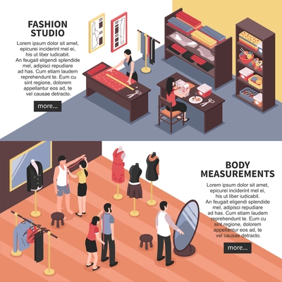 Fashion studio and body measurements horizontal banners with dressmakers and customers isometric icons vector illustration