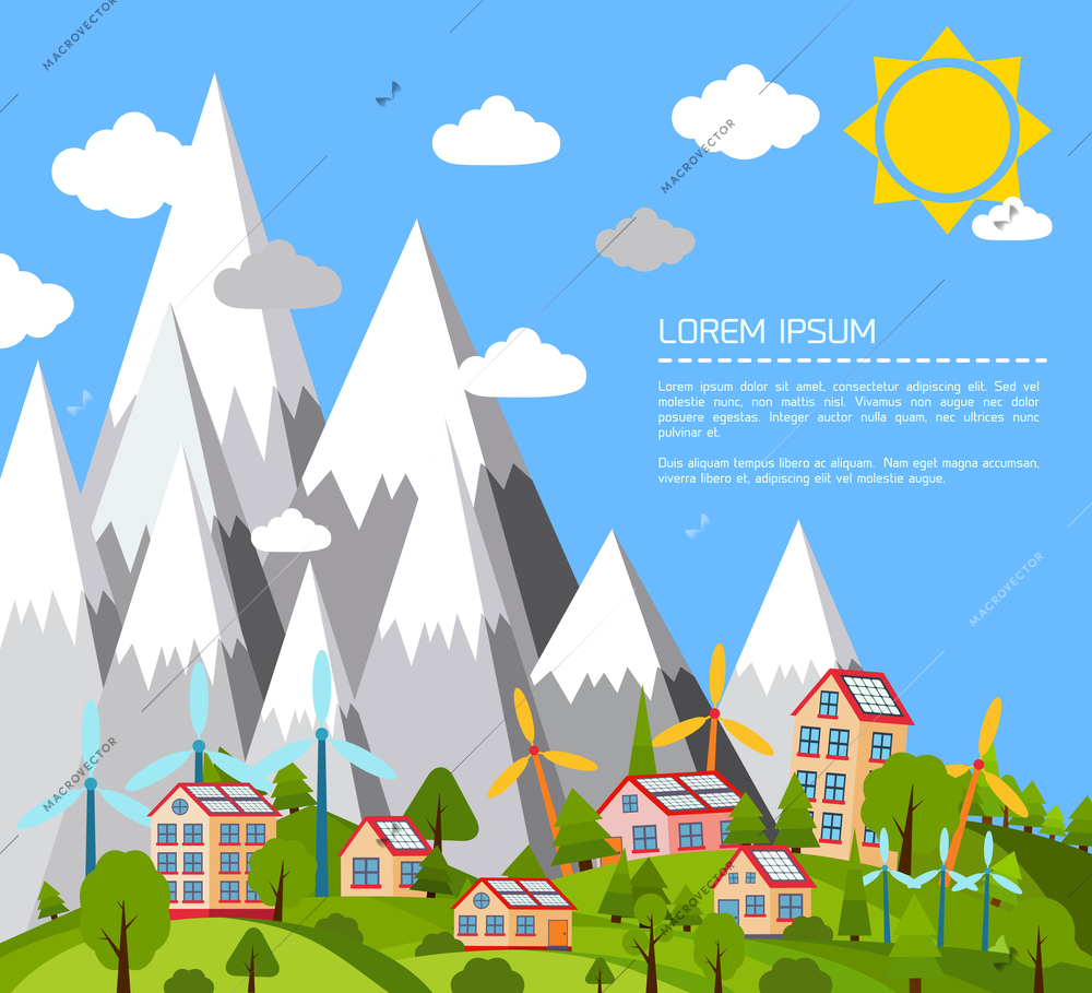 Green eco world concept poster with mountain village and windmills  vector illustration