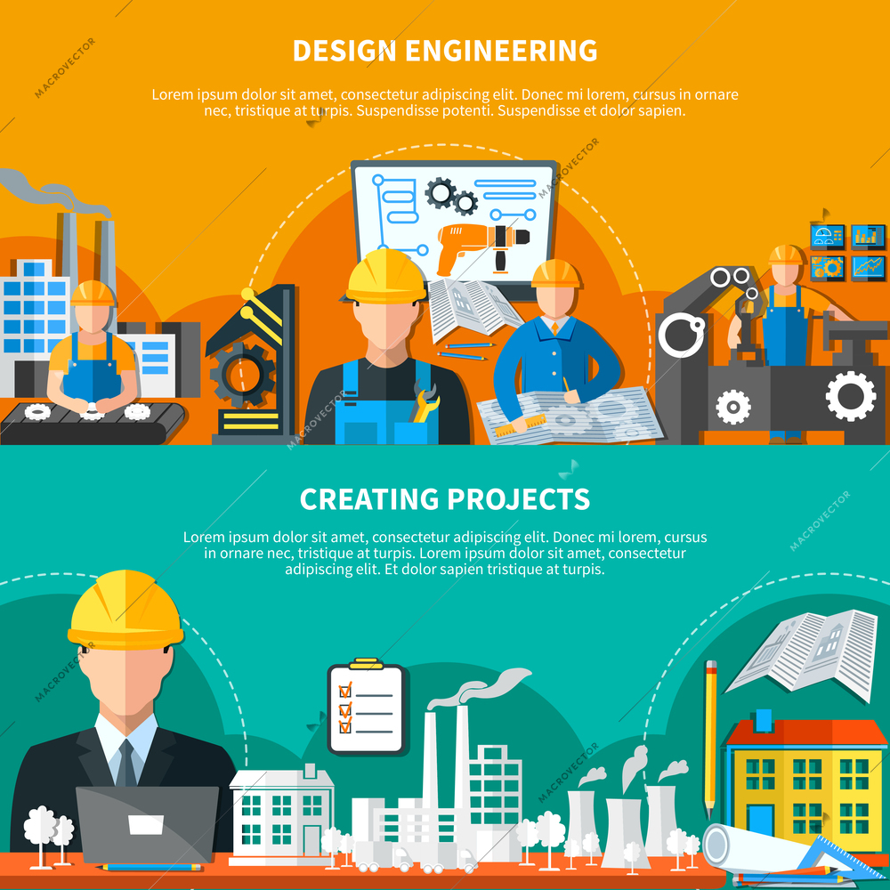 Set of two horizontal engineering banners with compositions of factory buildings drawing instruments and plant workers vector illustration