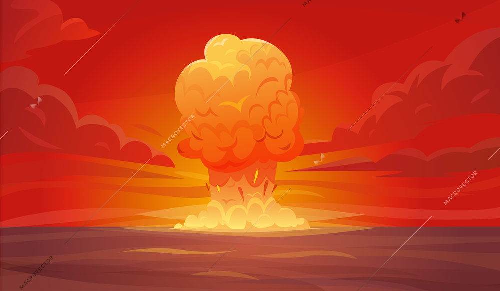 Colored red nuclear explosion composition or poster with column of smoke rising vertically into the sky vector illustration