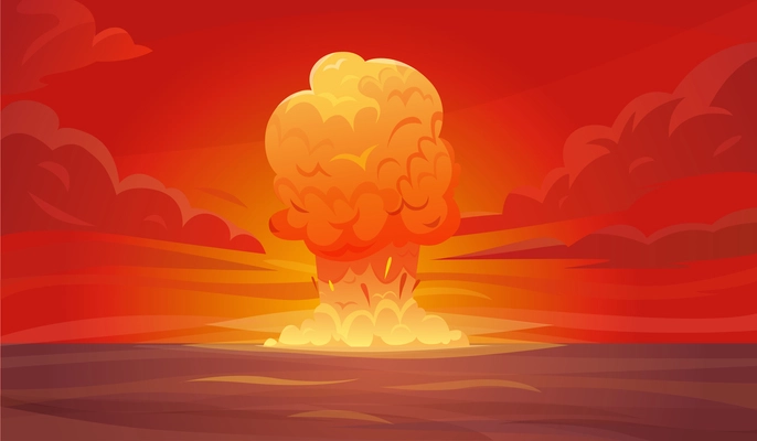 Colored red nuclear explosion composition or poster with column of smoke rising vertically into the sky vector illustration