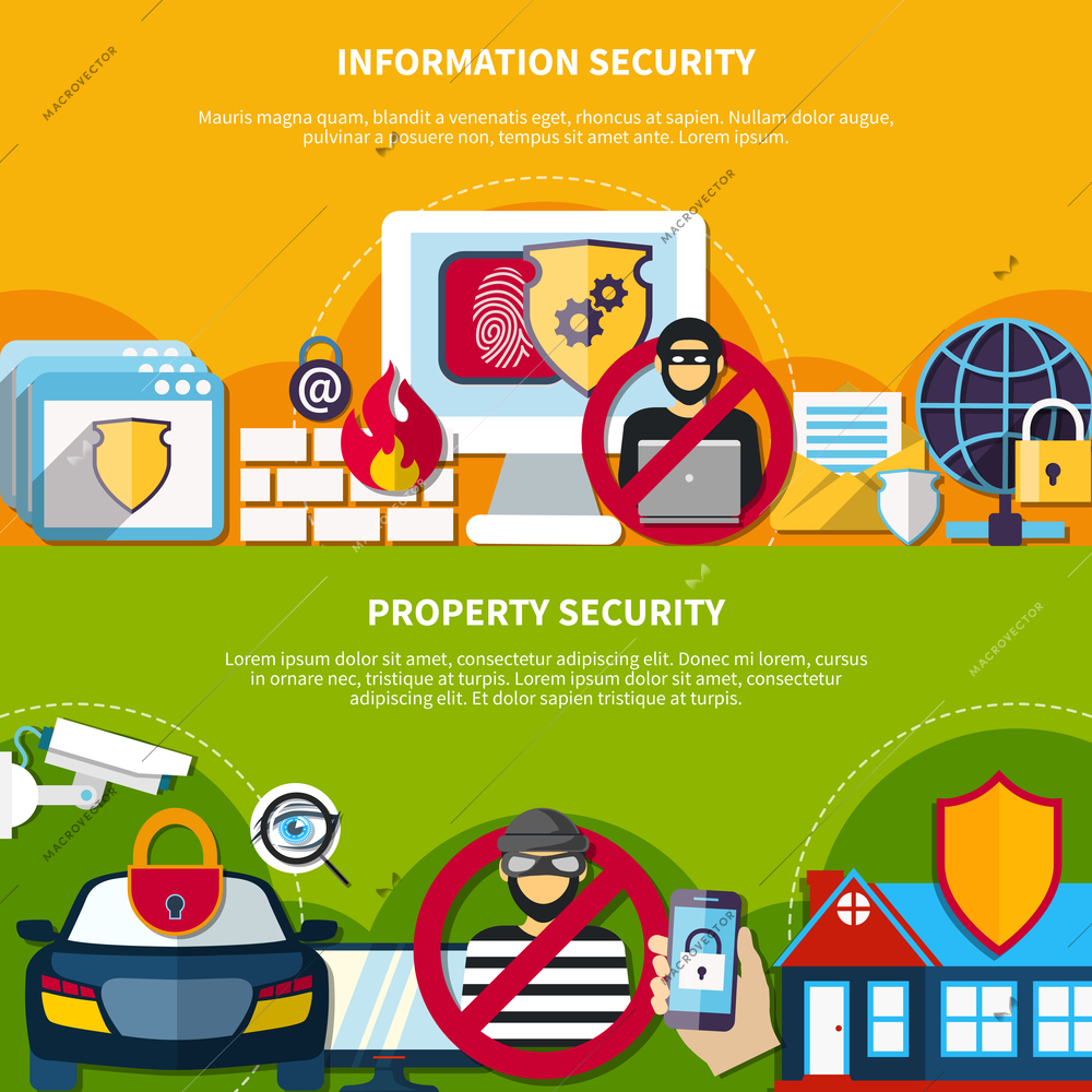 Security and safety horizontal banners set with information and property security symbols flat isolated vector illustration