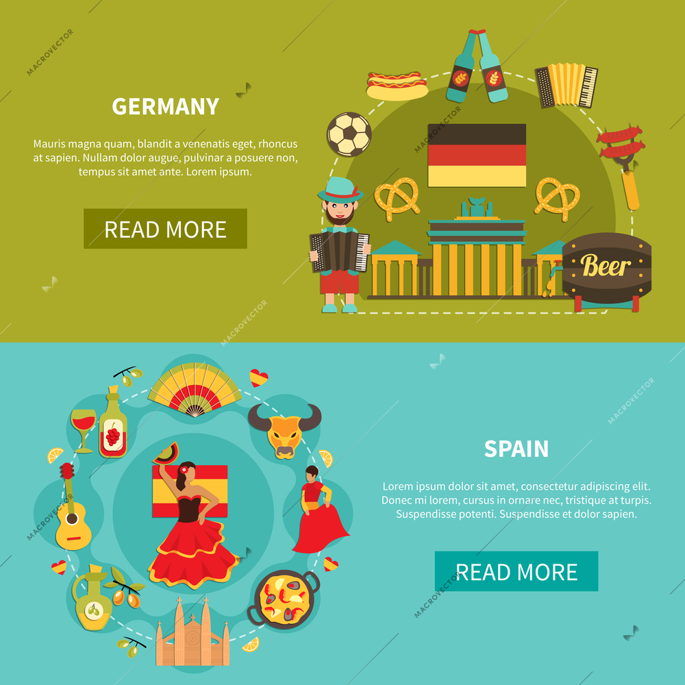 Set of two horizontal travel banners with flat image compositions of german and spanish national characters vector illustration