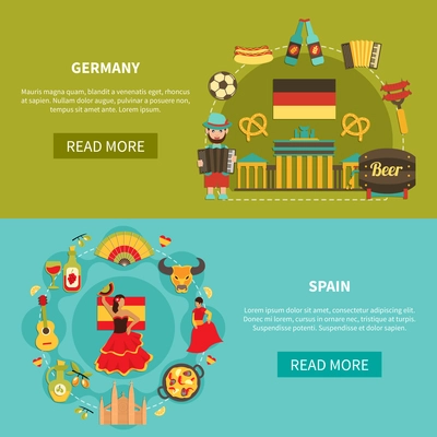 Set of two horizontal travel banners with flat image compositions of german and spanish national characters vector illustration