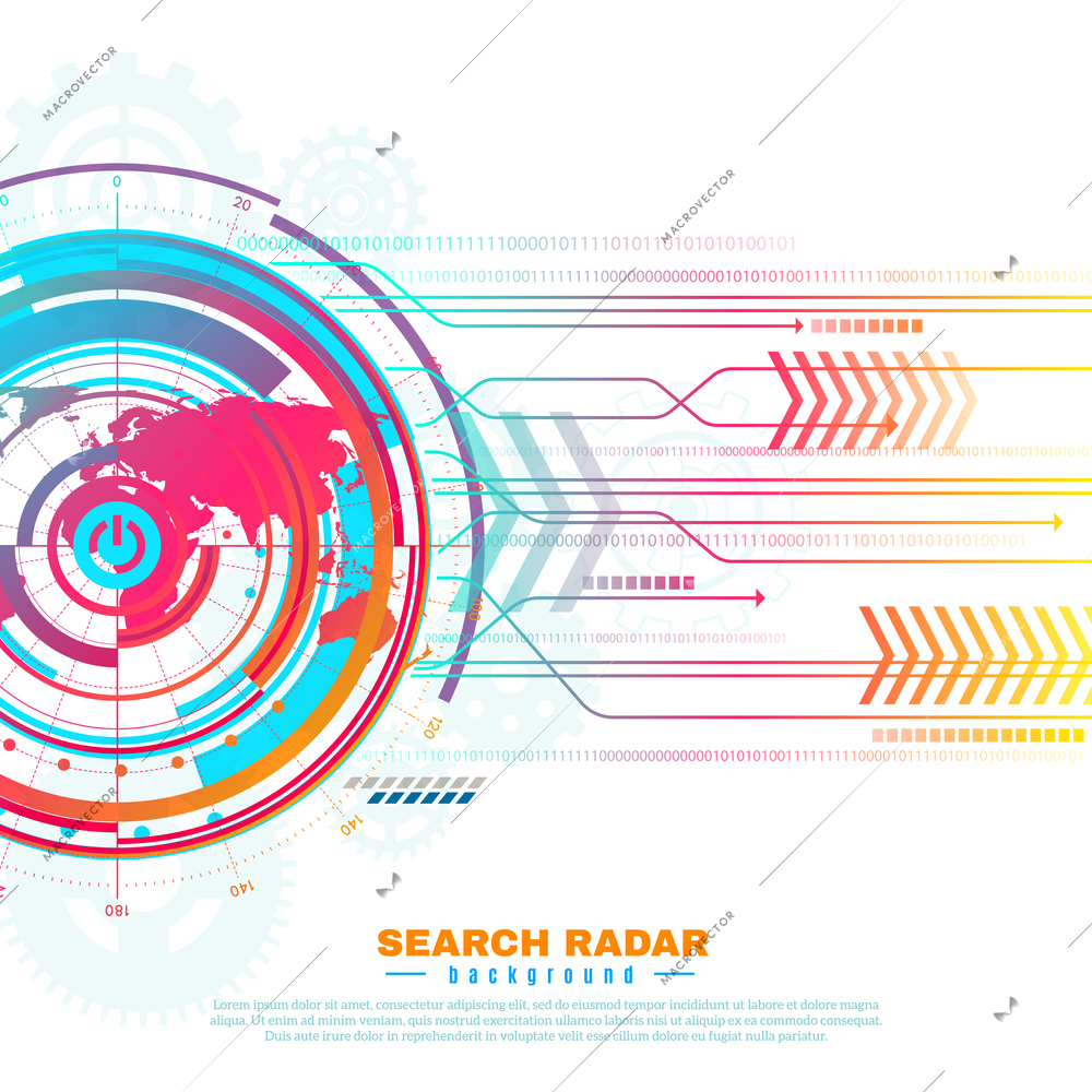 Colorful screen information of search radar with world map, grid, gears, arrows on white background vector illustration