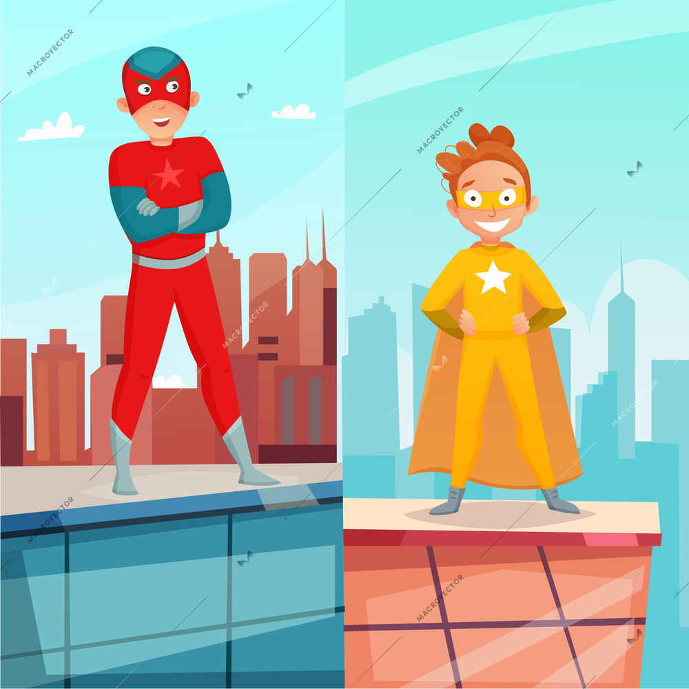 Kid superhero vertical banners with boy and girl on building roof on city background isolated vector illustration