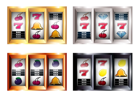 Set of combinations on slot machine with jackpot, bar, fruits, bell on game line isolated vector illustration