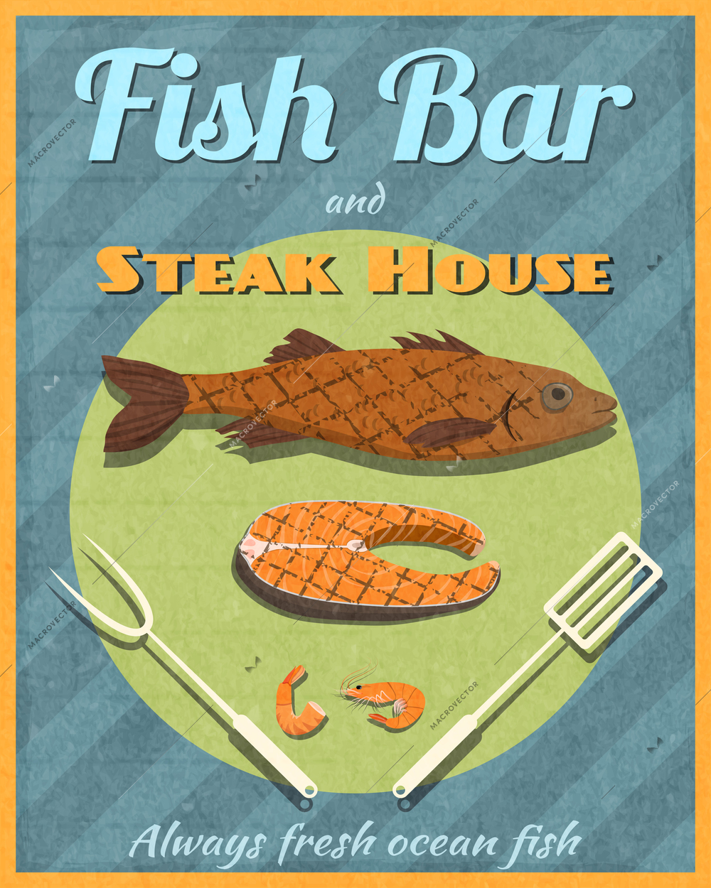 Fish bar steak house retro vintage grill restaurant poster vector illustration.