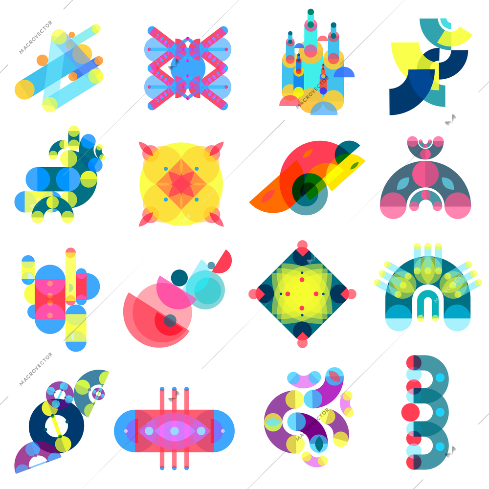 Color geometric shapes set of sixteen isolated memphis style colorful ornate images and abstract artwork elements vector illustration