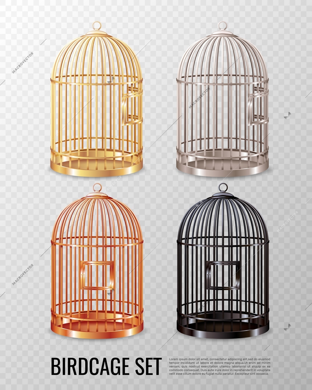 Set of empty closed canary birdcage of various color on transparent background 3d design isolated vector illustration