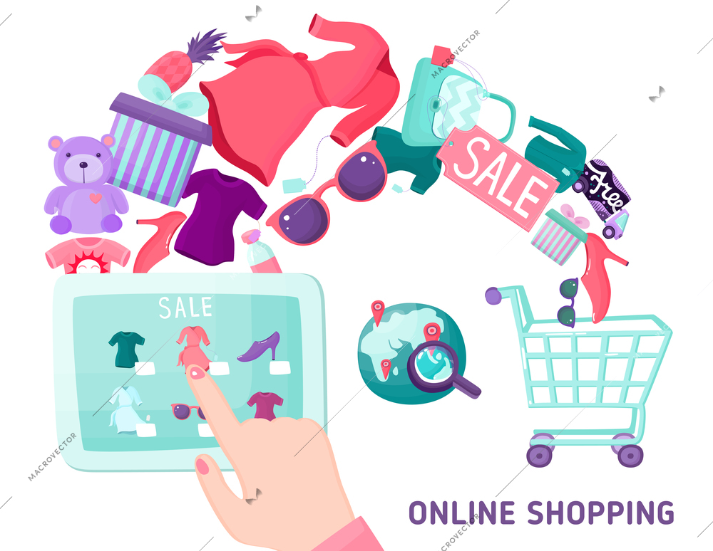 Online shopping composition with hand drawn style tablet geolocation shopping cart basket and goods for sale vector illustration