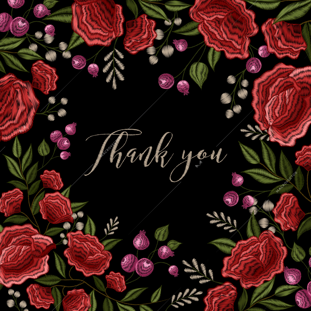 Red roses on black background floral decorative embroidery frame pattern design with thank you lettering vector illustration