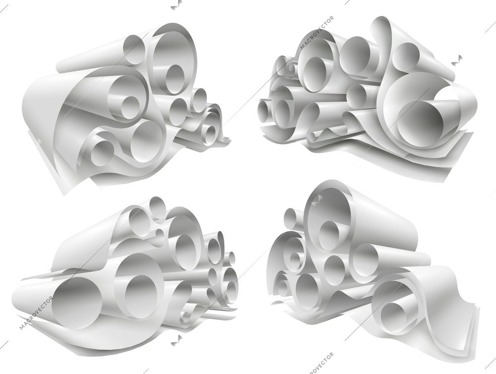 Set of paper rolls from white empty sheets folded in twisted structure 3d mockup isolated vector illustration