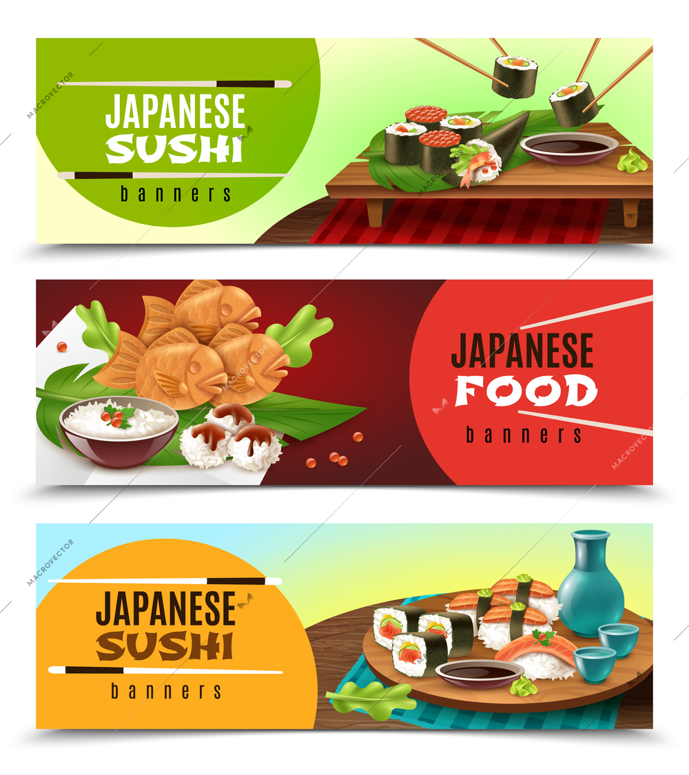 Set of horizontal banners with japanese food including sushi, sake, fish in soft dough isolated vector illustration