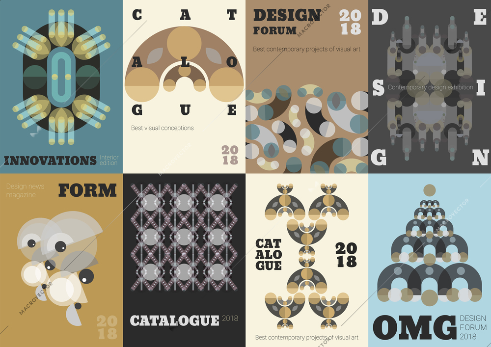 Geometric shapes banners collection of eight flat posters with abstract compositions of ornate shapes and editable text vector illustration