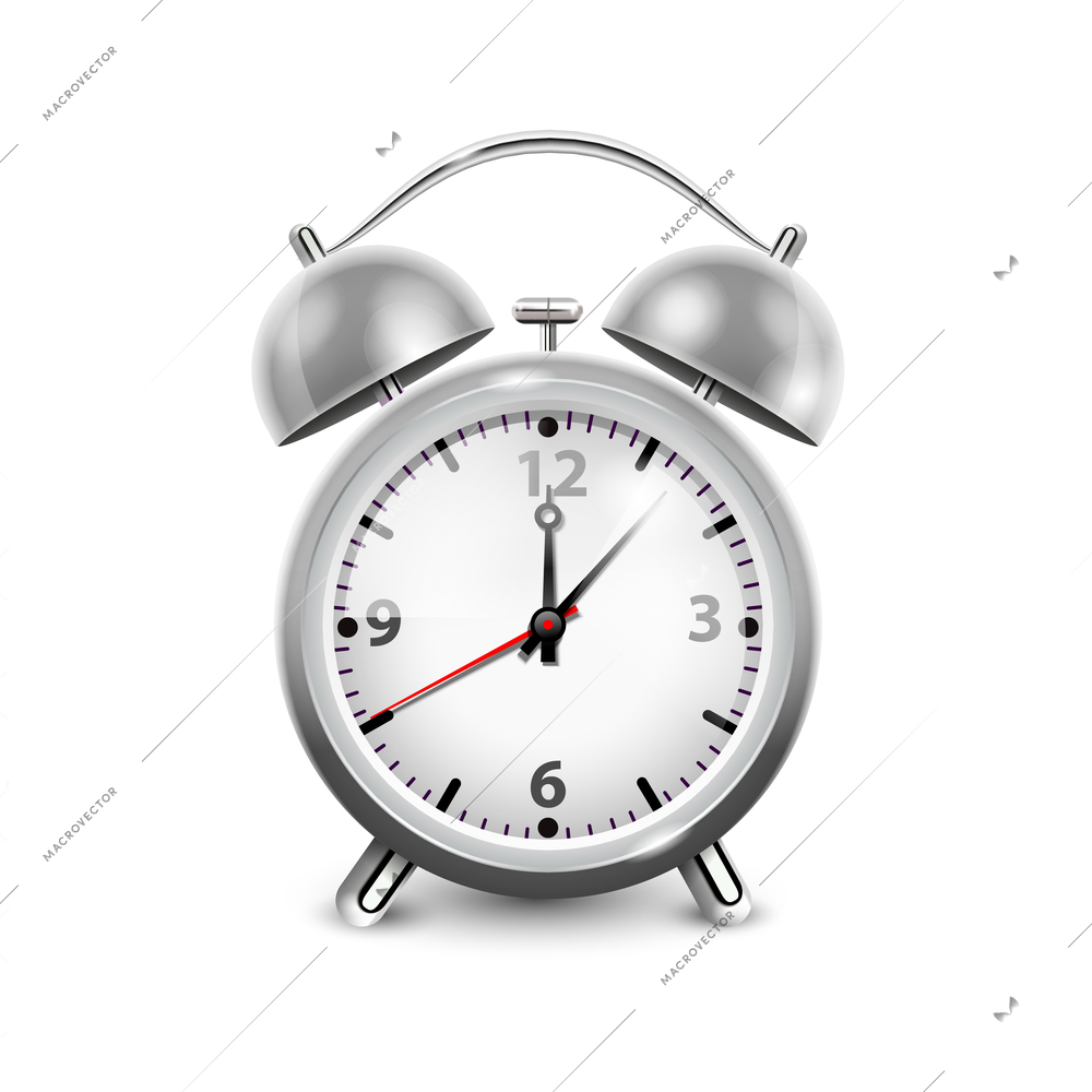 Retro alarm clock in metal housing with two bells  isolated on white background realistic vector illustration