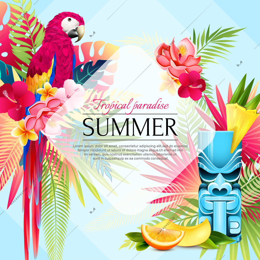 Tropical summer parrots frame poster with compositions of leaves fruit slices and birds with decorative text vector illustration