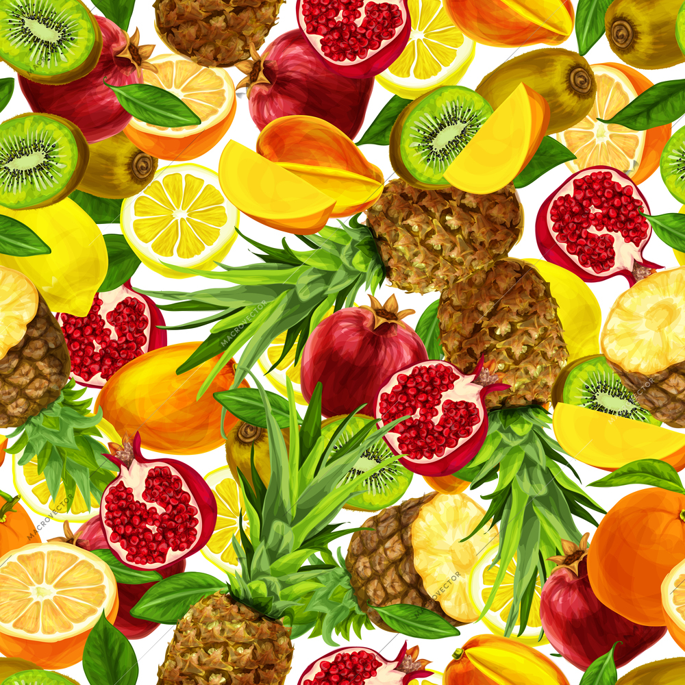 Seamless organic sliced tropical fruits background with lemon mango orange pineapple pomegranate vector illustration