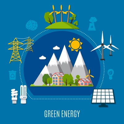 Green energy composition with house in mountains with solar batteries, windmill on blue background flat vector illustration