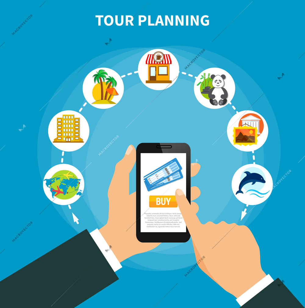 Tour planning design concept with man holding smartphone with information on screen about tickets for travel flat vector illustration