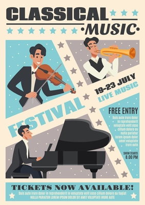 Colored music cartoon poster with classical music festival headline and description about event vector illustration