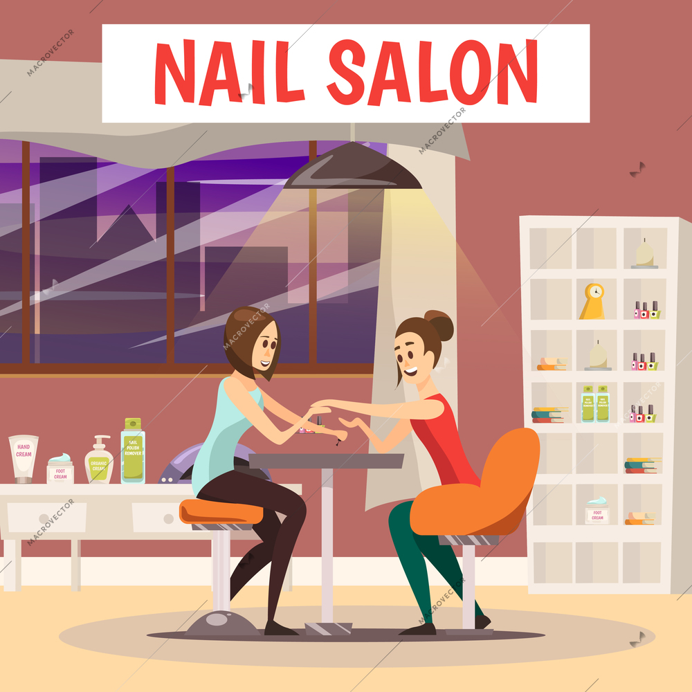 Nail salon background with manicure and pedicure symbols cartoon vector illustration