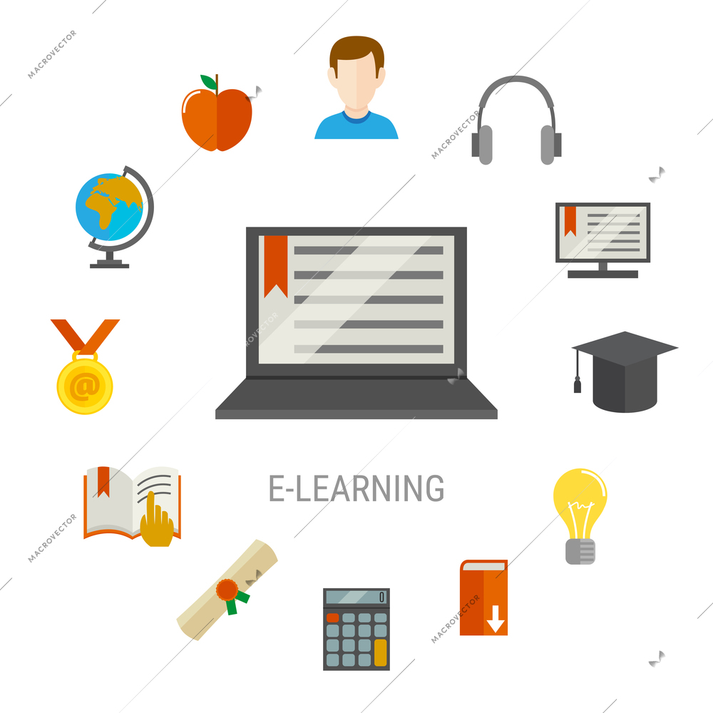 Elearning flat composition with laptop at the center and study things icon set combined in big round vector illustration