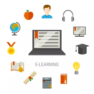 Elearning flat composition with laptop at the center and study things icon set combined in big round vector illustration