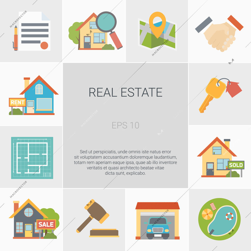 Real estate square icons set with house symbols flat isolated vector illustration