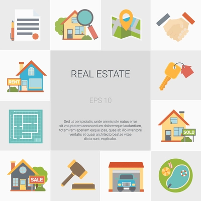 Real estate square icons set with house symbols flat isolated vector illustration