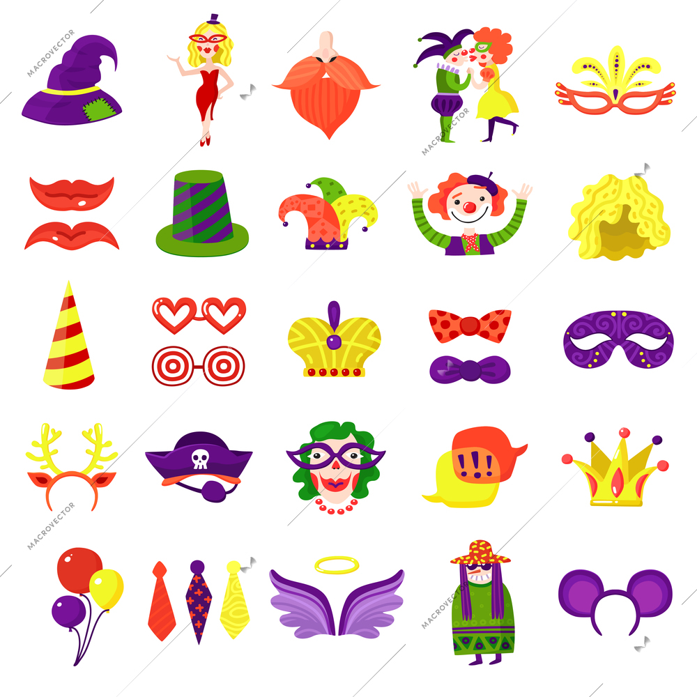 Mardi gras carnival accessories big colorful icons set with balloons eye masks funny hats isolated vector illustration