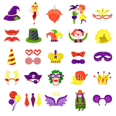 Mardi gras carnival accessories big colorful icons set with balloons eye masks funny hats isolated vector illustration