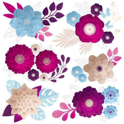 Paper flowers compositions set in fuchsia magenta deep purple and blue beige on white background vector illustration
