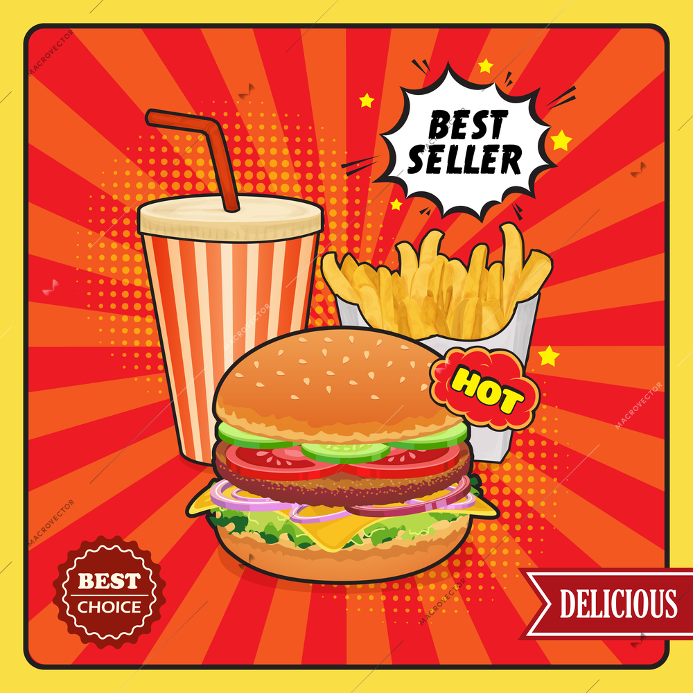 Fast food comic style poster with burger drink fries potato on red pop art background vector illustration