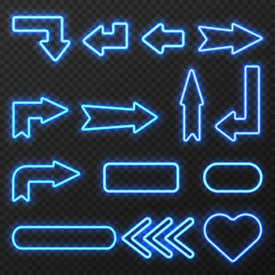 Glowing in night neon light outlined signs arrows and symbols set on black background isolated vector illustration